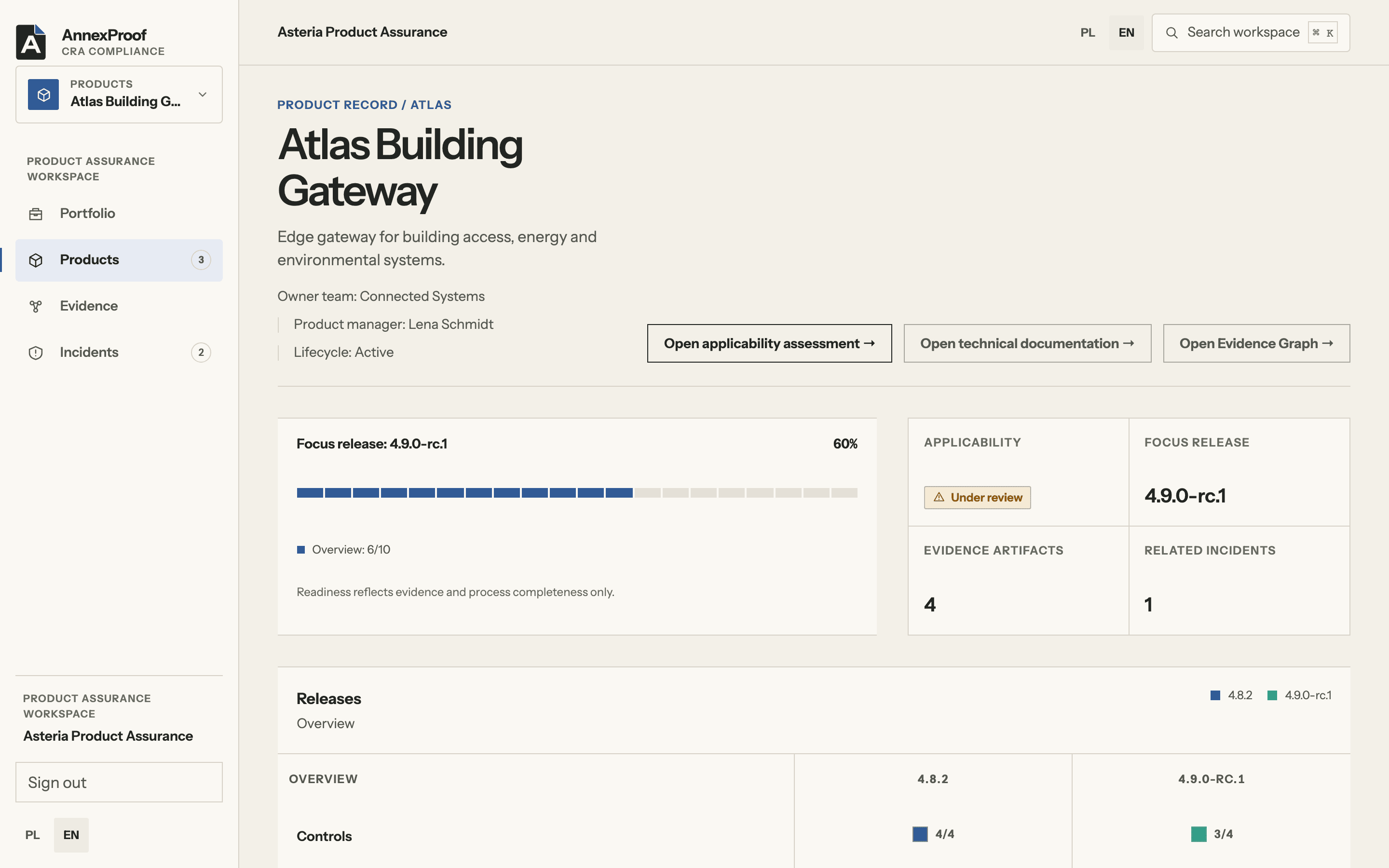 Product card: Release readiness, CRA applicability, evidence and incidents for a specific version.